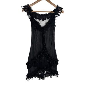 Vintage 80s/90s black mesh semi sheer ruffle mini dress nighty lingerie one size